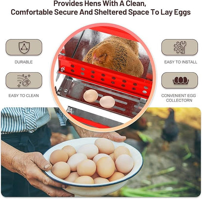 Chicken Nesting Boxes - 6 Compartment Metal Poultry Nest Box Wall Mount for Chickens, Hens, Ducks - Easy Egg Collection - Large Holes Chicken Coop Equipment (6 Compartment)