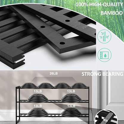 Bamboo Shoe Rack for Closet, Stackable 3 Tier Longer Shoe Organizer Shelf Holder Storage 12-15 Pairs for Entryway Door Hallway Bedroom Garage Space Saving Foldable Black