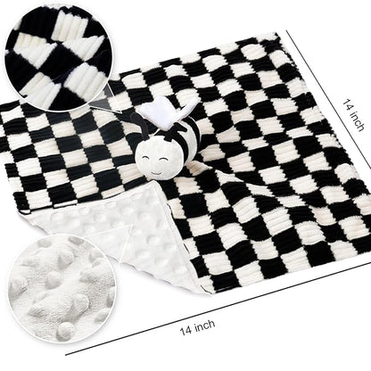 High Contrast Baby Security Blanket for Boys Girls 3D Soft Checkerboard Gingham with Minky Dot Fabric Backing Bee Snuggle Stuffed Animal Lovely Black 14 Inch