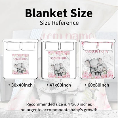 Custom Name Baby Blanket for Girls, Personalized Flannel Blanket with Dotted Backing, Soft and Cozy Swaddle Blanket for Infants and Toddlers, Elephant Love Theme