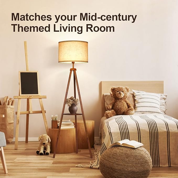 OUTON Wood Tripod Floor Lamp with Shelves, Mid Century LED Modern Dimmable Floor Lamp with Remote Control, Sturdy Tall Standing Lamp with Beige Linen Texture Shade for Living Room, Bedroom, Office