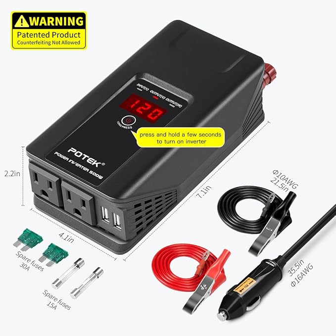 Potek 500w power inverter DC 12V to AC 110V Car Adapter with 2 5V/2A usb charging output