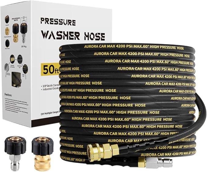 Pressure Washer Hose 50FT with 3/8 Inch Quick Connect, Kink Resistant High Tensile Wire Power Washer Hose, Industry Grade for Power Washer Hose with 2 pcs M22 14mm Adapter Set,4200 PSI