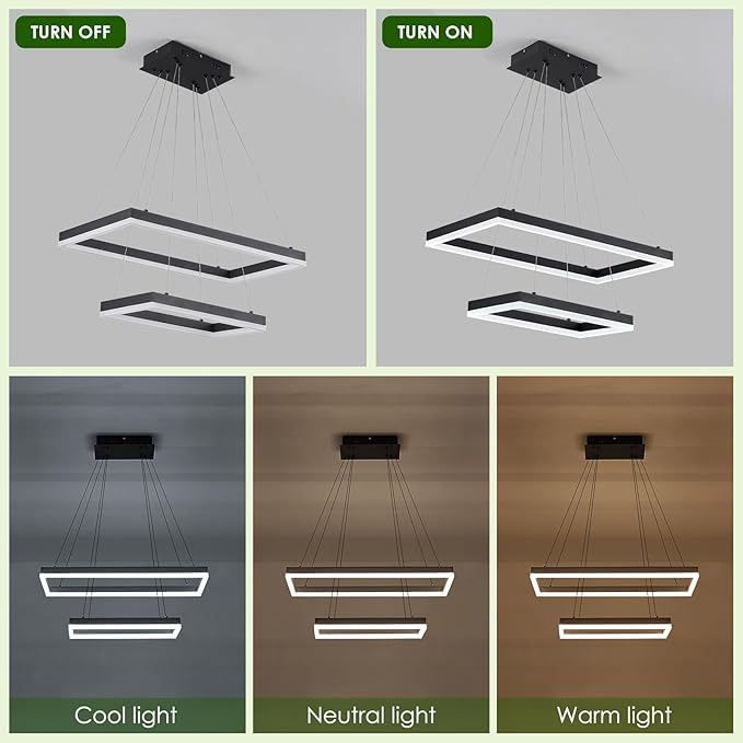 2 Rings Modern LED Chandelier Black 23.6inch Rectangle Dimmable LED Pendant