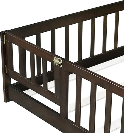 Bellemave Full Size Floor Bed for Kids, Girls, Boys, Rubber Wood Floor Bed with slats and Door, Espresso