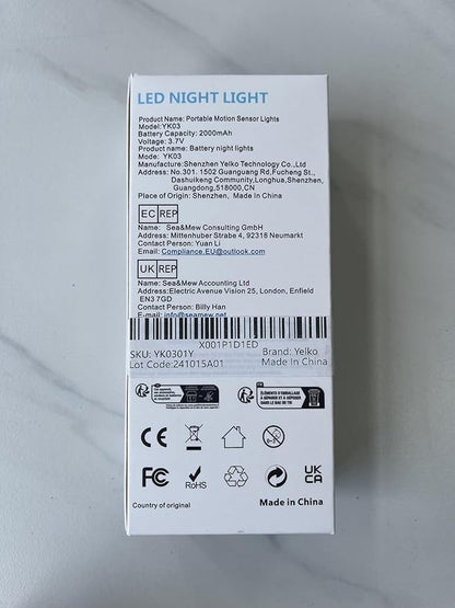 YELKO Motion Sensor Night Light, 2000mAh Rechargeable Night Lights Battery Powered, PortableＤimmable Nightlights with 5 Brightness Levels for Kids,Adults (Warm White 1Pack)
