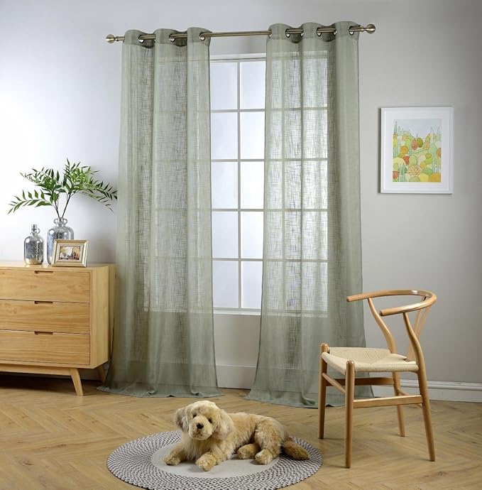 MIUCO Semi Sheer Curtains Poly Linen Textured Solid Grommet Curtains 84 Inches Long for Living Room 2 Panels (2 x 37 Wide x 84" Long) Sage