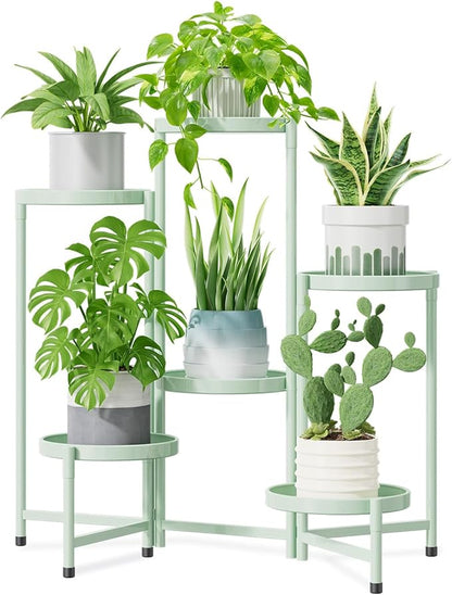 iDavosic.ly 6 Tier Large Plant Stand Indoor, 10 Inch Wide Tall Corner Metal Plant Stands Outdoor for Multiple Plants, Folding Tiered Flower Display Holder Rack Shelf, Light Green