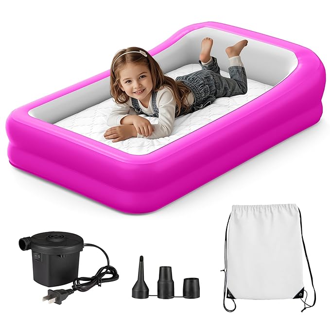 Inflatable Toddler Travel Bed, Portable Kids Air Mattress with Soft Bed Sheet, Toddler Air Mattress with Surround Safety Bumpers, Ideal for Home Use or Travel, Includes Pump and Carry Bag,Pink