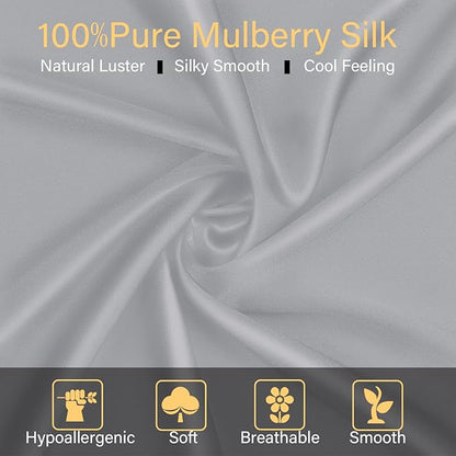 100% Mulberry Silk Pillowcase 2 Pack for Hair and Skin,with Hidden Zipper,Both Sides 22 Momme Natural Silk Pillow Cover,Soft Breathable & Smooth (Gray, Queen)
