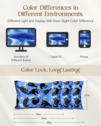 Silk Pillowcase 2 Pack - Pillow Cases 20" x 30" Queen Size Set of 2 for Hair and Skin Smooth Soft Breathable with Hidden Zipper Cooling Pillow Covers for Sleeping,Blue Moon Cat
