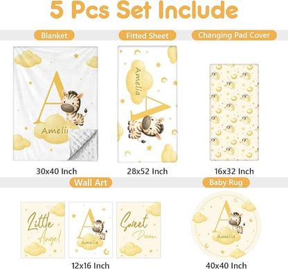 Personalized Baby Crib Bedding Set, 5 Pcs Custom Name Nursery Bedding Set, Yellow Zebra Baby Bedding Set for Girls Boys, Double Layer Crib Sets, Customized Gifts for Toddler Infant New Parents