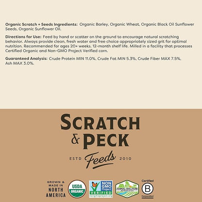 Scratch and Peck Scratch + Seeds Chicken and Duck Treat - 50 lbs Bag - 11% Protein, Certified Organic and Non-GMO Project Verified Chicken Food