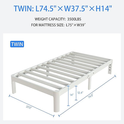 White Twin Size Bed Frames 14 Inch, Metal Platform Twin Bed Frame No Box Spring Needed, Heavy Duty Steel Support 3500 LBS, DIY Headboard, Round Legs, Noiseless, Storage Space, Easy Assembly
