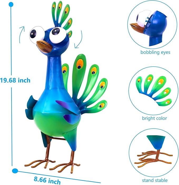 Metal Peacock Statue Garden Decor Cartoon Peacock with Bobbling Eyes Yard Art Lawn Patio Decoration Outdoor Sculpture for Housewarming Birthday Wedding
