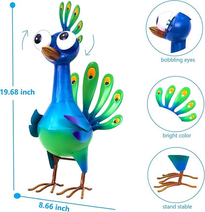 Metal Peacock Statue Garden Decor Cartoon Peacock with Bobbling Eyes Yard Art Lawn Patio Decoration Outdoor Sculpture for Housewarming Birthday Wedding