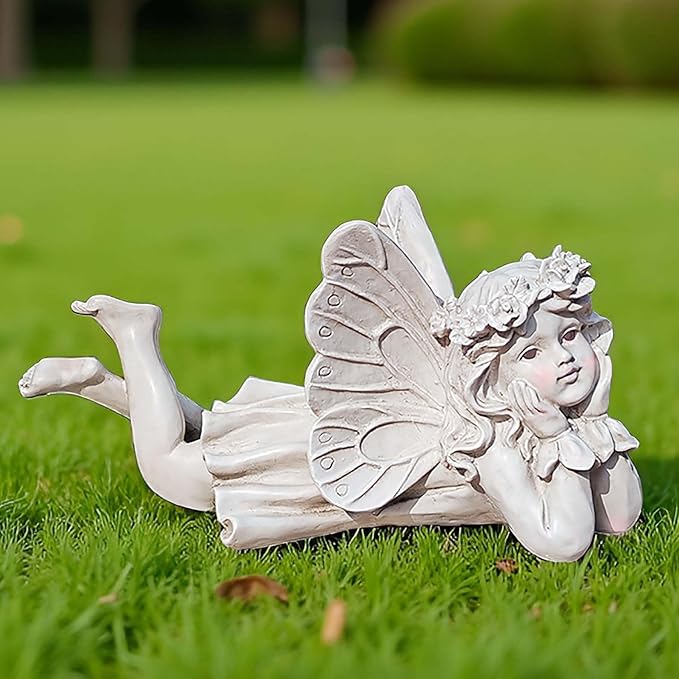 Lying Fairy Garden Statue – Resin Outdoor Fairy Figurine for Yard or Patio, Garden Angel Decor for Outside, Whimsical Fairy Ornament 9.84” L