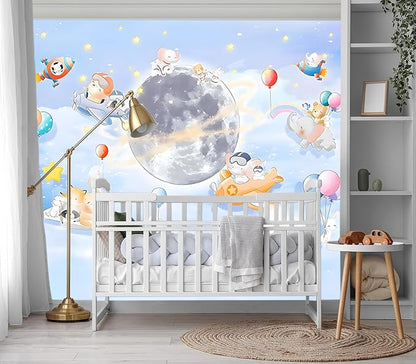 XMPMBM-Cartoon Animals Nursery Room backsplash Large Decorative Wallpaper Clouds The Moon Bedroom Bathroom Wall Mural- W 132" X H 92"（93 Square Foot）
