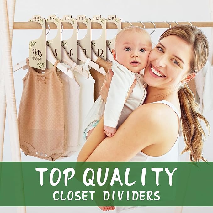 Baby Closet Dividers for Clothes Organizer - 8 PCS Adorable Wooden Double-Sided Baby Clothes Size Hanger Organizer from Newborn to Toddler for Nursery Decor