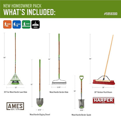 AMES 5-pc. New Homeowner Long Handle Tool Kit with Lawn Rake, Digging Shovel, Garden Rake, Border Spade, and Push Broom