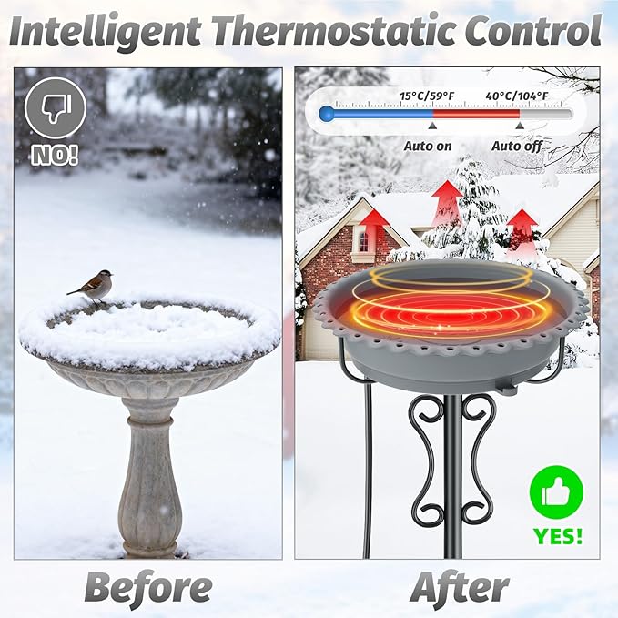 Heated Bird Bath for Outside Winter,100W Thermostat Control Birdbath Bowl with Metal 5-Prong Base,Freestanding Heated Bird Baths for Outdoors Garden Patio Yard Lawn (Gray)