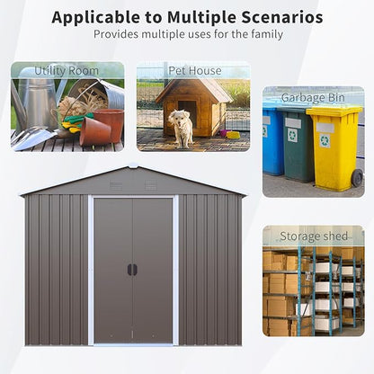 4x8 FT Outdoor Storage Shed, Metal Garden Shed with Frame Floor, Outside Tool Shed with Window, Waterproof Storage Building with Lockable Sliding Doors & Sloped Roof for Backyard, Patio, Warm Gray