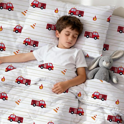 LONAVA Twin Kids Comforter Set - 4 Pieces Twin Bedding Sets for Boys Girls Children, Ultra Soft Microfiber Bed in A Bag with Flat Fitted Sheets, Fire Truck