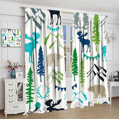 Forest Woodland Curtains, Wild Nature Bear Moose Deer Pine Trees Mountain Cabin Lodge Blackout Rod Pocket Windows Door Curtain for Bedroom Living Room Home Decor 63x72in