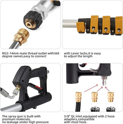 Tecoloy 24 FT Telescoping Pressure Washer Wand with Power Washer Extension Wand, Support Belt, Gutter Cleaner Attachment, 5 Spray Nozzle Tips and 2 Hose Inlet Adapters