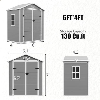 Outdoor Shed 5x3/6x4/7x7/8x6/8x10/8x12 FT, 15MM Thick PP Resin Plastic Shed with Lockable Door & Floor - Waterproof Plastic Tool Shed for Bike, Garbage Can, Backyard, Patio ﻿ ﻿ (Grey, 6x4FT)