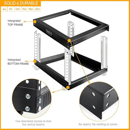 RIVECO 22U Open Frame Server Rack with Wheels- Heavy Duty 4 Post Quick Assembly 19-inch, Stereo Rack Rolling Network Shelf Black