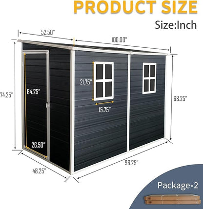 4x8 FT Resin Storage Sheds Outdoor with Floor, 2 Windows & Lockable Door Storage Shed - Waterproof Garden Tool Shed, Patio & Backyard Tool Storage Cabinet Use - Black