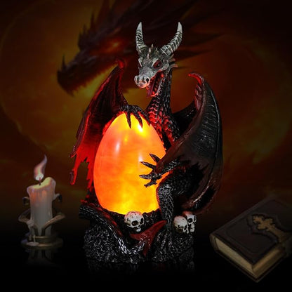 Evil Dragon Snow Globe Statue, Illuminated Water Filled Egg, Rotating Mist Effect, Skull-Embedded Base, Fire Dragon Egg Glow with 6H Timer, Battery Operated, Unique Halloween Snow Globe Holiday Decor