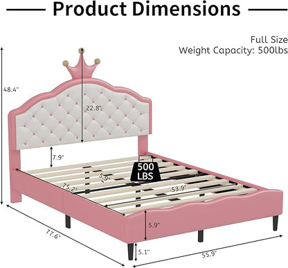 Bellemave Full Size Princess Bed Frame with Lovely Crown Shaped Headboard for Girls,Upholstered Platform Bed with Slats Support,Twin Girls Bed,Pink Cream