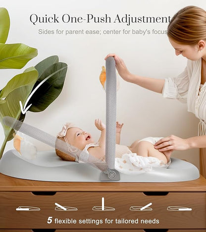 Wipe-Clean Baby Changing Pad, Waterproof Durable PU Pad, Soft & Non-Slip Safety Belt & Hanging Toys, Easy to Adjust & Removable Bar, Gray