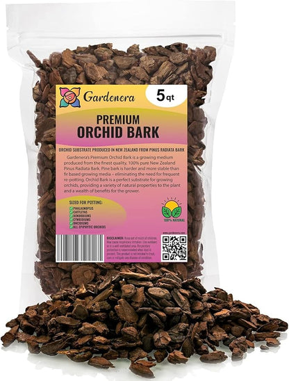 GARDENERA New Zealand Pinus Radiata Bark - Organic Hand Mixed New Zealand Orchiata Pine Bark for Orchids - Medium Chips 9-12mm - 5 Quart Bag