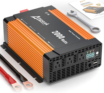 Ampeak 2000W Power Inverter 12V to 110V, 89.37% High Efficiency Modified Sine Wave Inverter with 3 AC Outlets & Dual USB, for RV Truck Camping & Home Emergency Use (4000W Peak)