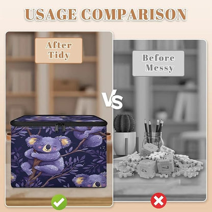Storage Cubes with Lid Fabric Storage Bins Boxes PU Leather Handles, Cute Koalas Closet Organizer Container Foldable Washable Shelf Cloth Basket, Cartoon Koala