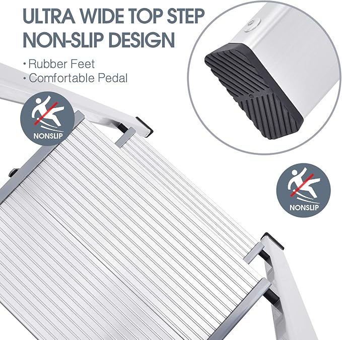 KINGRACK Aluminium 2 Step Ladder, Lightweight Step Stool with Non-Slip Pedals, Handrail, 330LBS Foldable Step Ladder for Kitchen, Garage, Home, Space Saving, Sturdy and Portable, Silver