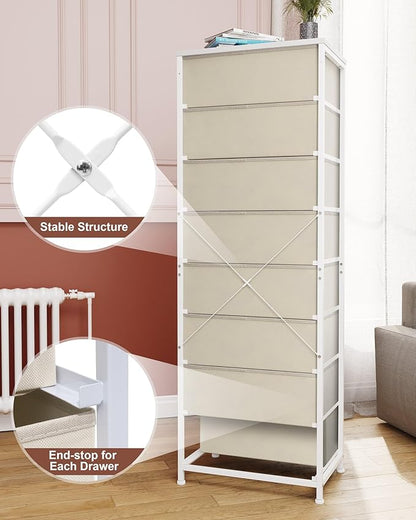 Crestlive Products Tall Dresser, 8-Drawer Fabirc Storage Tower, Chests of Drawers - Vertical Organizer Unit for Bedroom, Hallway, Entryway, Nursery, Closets - Steel Frame, Wood Top & Handles (Beige)