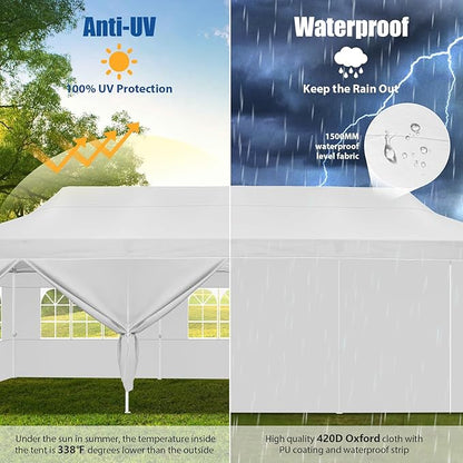 HOTEEL 10x30 Pop up Canopy Tent for Parties, Heavy Duty Easy Setup Tent with 8 Sidewalls, Outdoor Commercial Instant Gazebo for Wedding Event, with Portable Bag & Sand Bags, White(Hexagonal Frame)