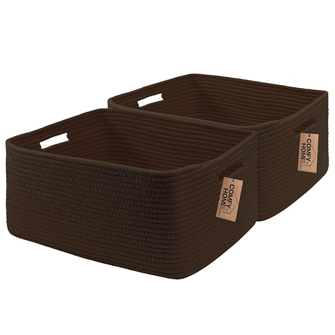 COMFY-HOMI 2 pcs Large Storage Baskets for Shelves, Laundry Basket, Woven Rope Basket, Closet Organizer Bins for Clothes Blanket Towels, Baby Nursery, Gift Toy Baskets, 17” x 13” x 7.5”-Dark Brown