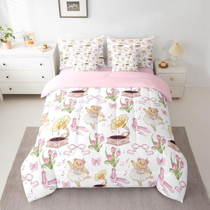 Pink Bowknot Princess Comforter King Size,Ballet Shoes Bear Dancer Cartoon 7 Pcs Bedding Set,Tulip Flower Music Note Record Decor,Bow Tie Romantic （Fitted+Sheet+2 Pillowcases+2 Throw Pillow Covers）