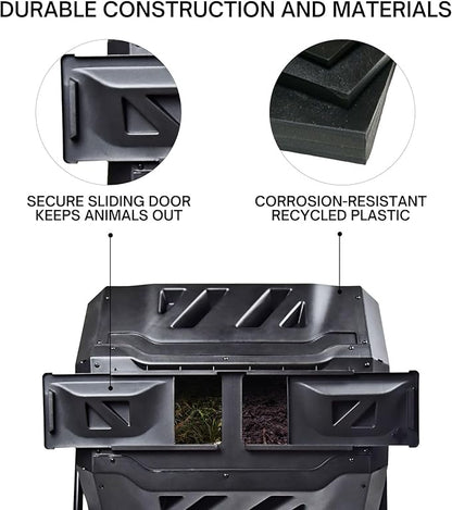 Dual Chamber Tumbling Composter 42 Gal (160L) Black Rotating Outdoor Compost Bin, Double Chamber Rotary Composter, Recycled Plastic with Steel Frame for Backyard and Vegetable Garden