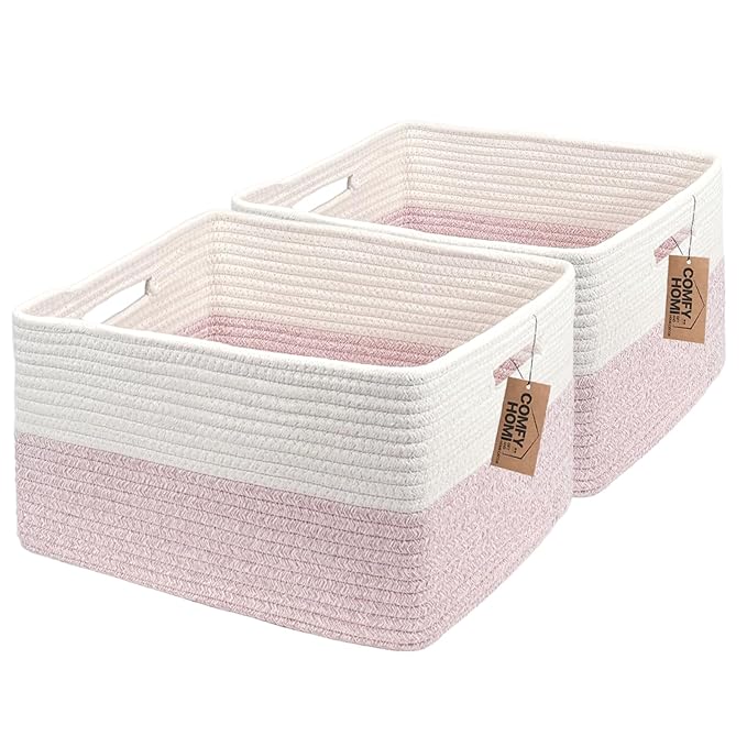 COMFY-HOMI 2 pcs Large Storage Baskets for Shelves, Laundry Basket, Woven Rope Basket, Closet Organizer Bins for Clothes Blanket Towels, Baby Nursery, Gift Toy Baskets, 17” x 13” x 7.5”-White/Pink