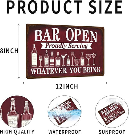 Vintage Metal Sign Bar Open Proudly Serving Whatever You Bring Beer Tin Sign Wall Decor for Kitchen Living Room Pub Cafe Bar 12×8 Inch