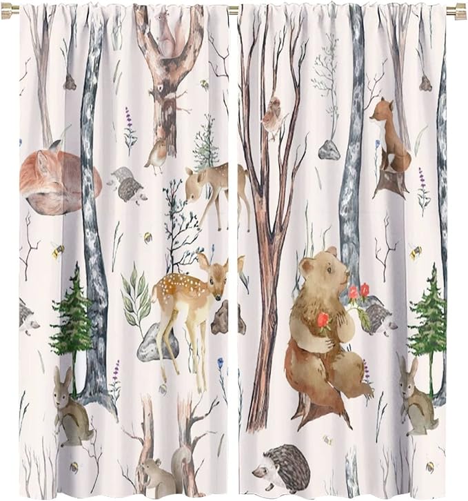 Rustic Forest Window Curtains Curtains, Woodland Animal Bear Deer Hedgehog Fox Forest Squirrel Watercolor Blackout Rod Pocket Window Treatments Drapes for Boys Girls Bedroom 72x63in