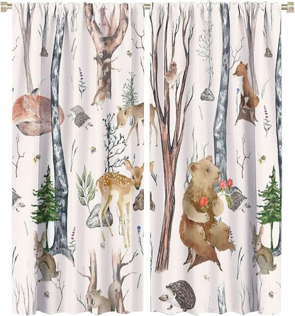 Rustic Forest Window Curtains Curtains, Woodland Animal Bear Deer Hedgehog Fox Forest Squirrel Watercolor Blackout Rod Pocket Window Treatments Drapes for Boys Girls Bedroom 72x63in