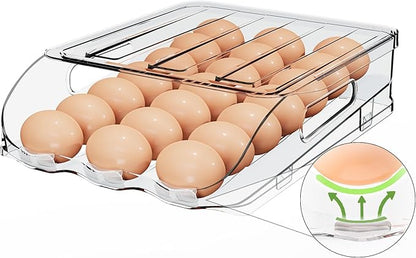 Egg Holder for Fridge, Automatic Steady Rolling Egg Dispenser with Silicone Bumpers & Handle for Refrigerator, Large Capacity Egg Organizer with Lid