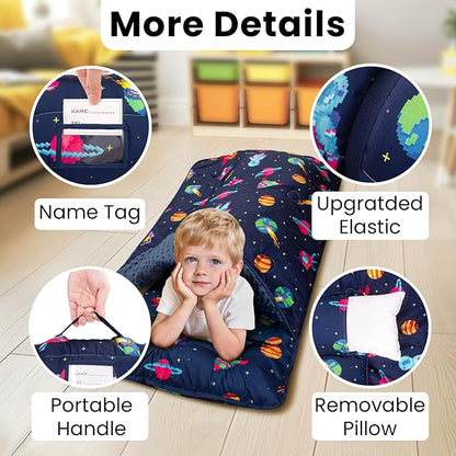 Toddler Nap Mat with Pillow and Minky Blanket, Large 55"x35" Sleeping Bag, Washable, Lightweight, Easy to Roll, Perfect for Preschool, Daycare, Kindergarten, Travel, Boys and Girls(Space)